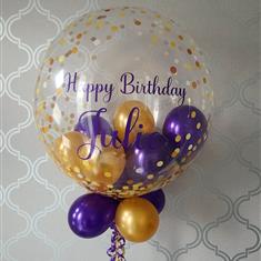 Gold &amp; purple happy birthday personalised balloon 